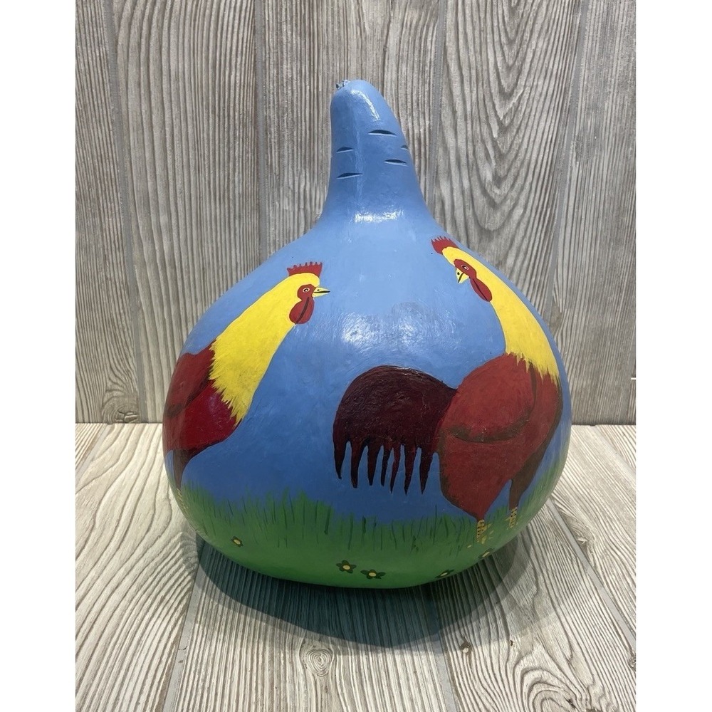 Hand Painted Folk Art Gourd Rooster Chicken 2011 Rustic Decor Collectible